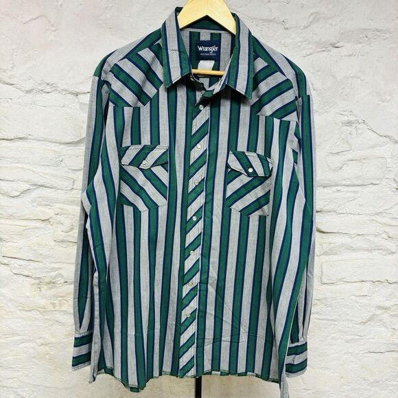 Vintage Wrangler Pearl Snap Western Shirt Green Blue Striped Southwest XL Cowboy - Picture 1 of 5